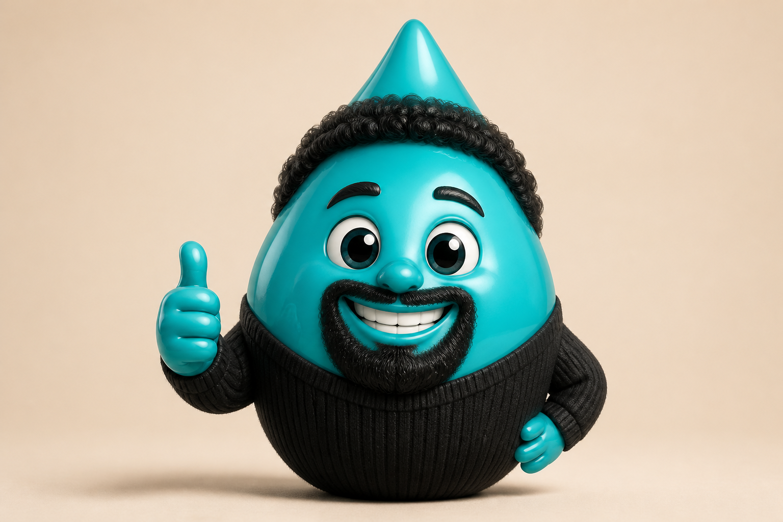 Zini, a teal water-drop mascot with a beard and black turtleneck, smiling and giving a thumbs up